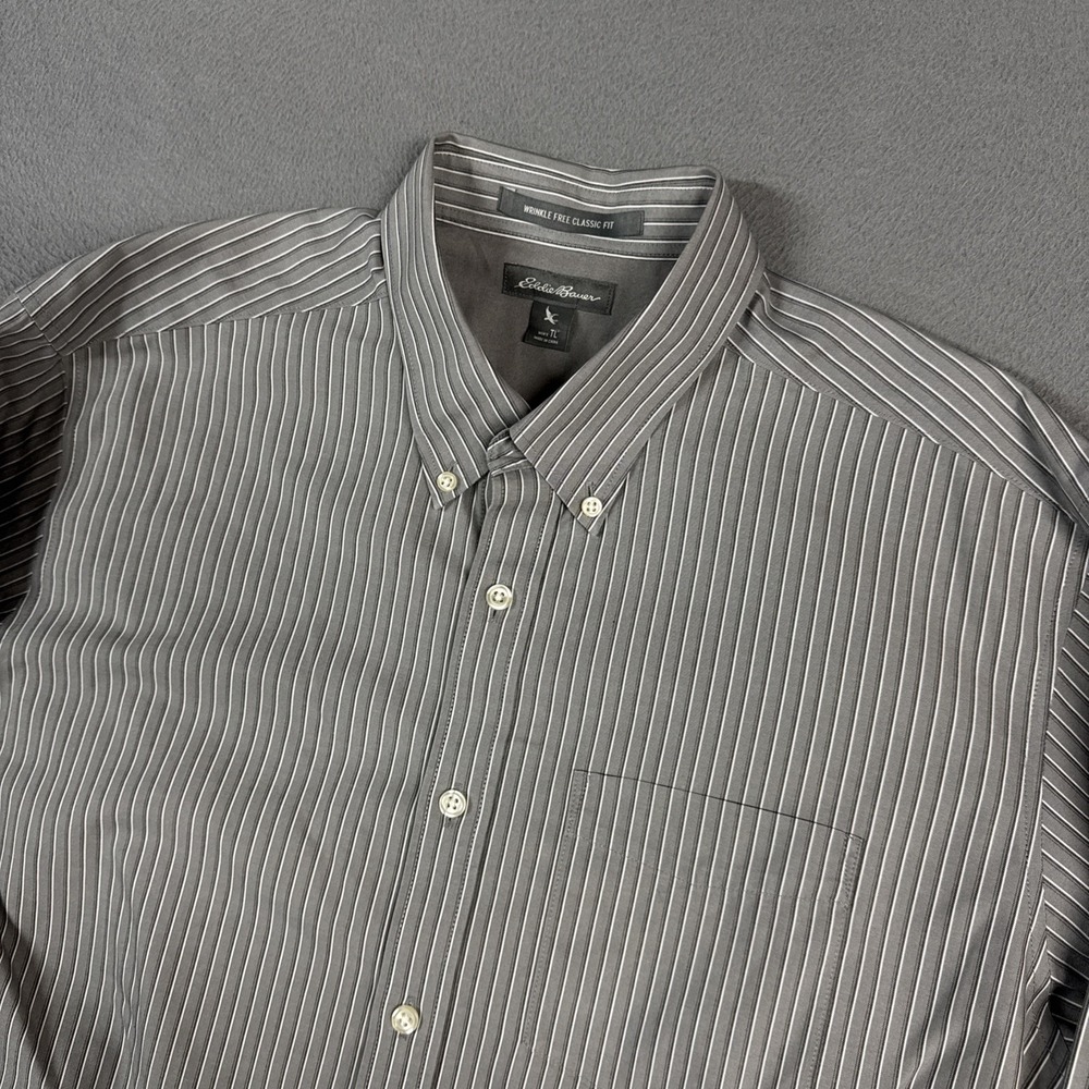 Eddie Bauer Shirt Mens Large Tall Gray Striped Classic Fit Wrinkle Free Button